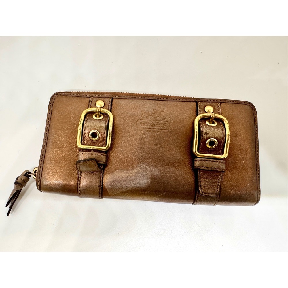 Coach Metallic Bronze Leather Zip Around Buckle Wallet Vintage Y2K Brass Logo